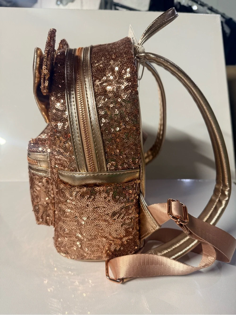 Loungefly Disney Parks Rose Gold Sequin Minnie Ear Mini Backpack